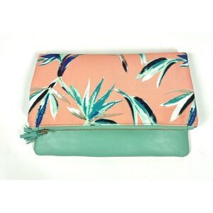 Rachel Pally Tropical Floral Coral Mint Reversible  Foldover Canvas Clutch